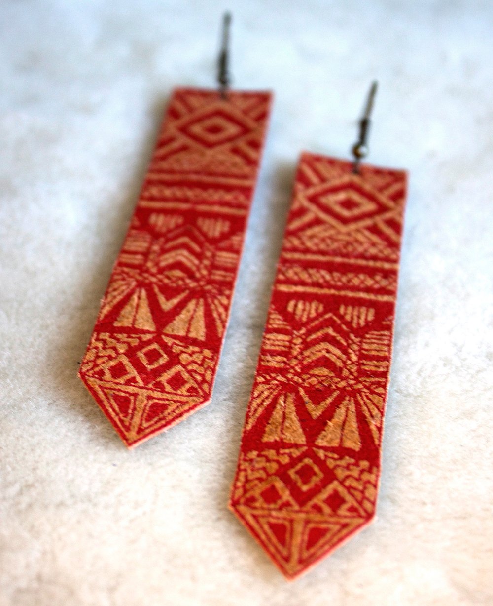 Screen Printed Leather Earrings-Sun Totem