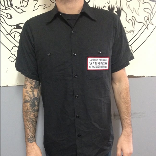 Image of Support Your Local Skateboarder by Draining your Pool Red Kap Button Up Shirt