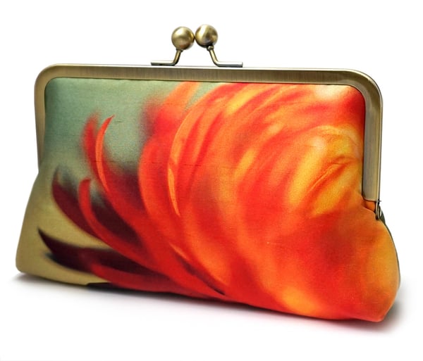 Image of Orange flame flower, printed silk clutch bag 