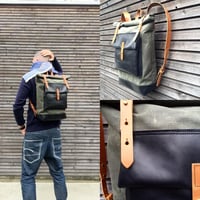 Image 1 of Waxed canvas rucksack / backpack with roll up top and oiled leather bottem