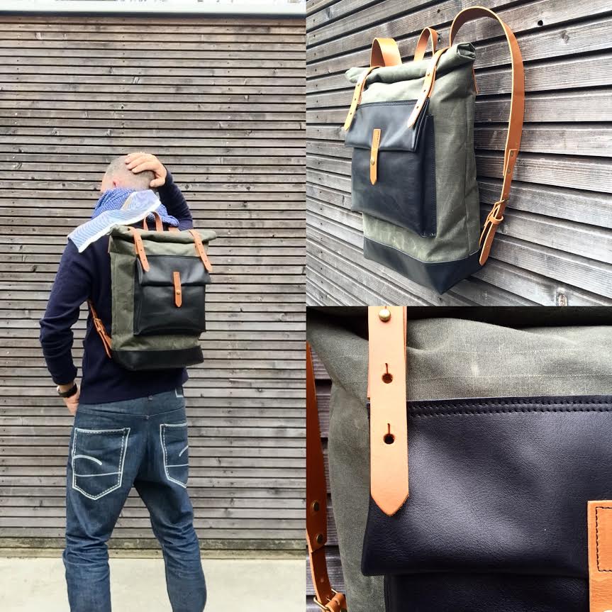 Image of Waxed canvas rucksack / backpack with roll up top and oiled leather bottem