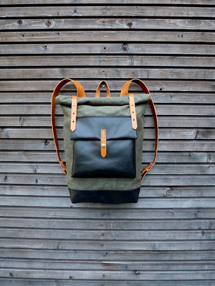 Image of Waxed canvas rucksack / backpack with roll up top and oiled leather bottem