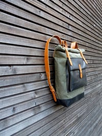 Image 3 of Waxed canvas rucksack / backpack with roll up top and oiled leather bottem