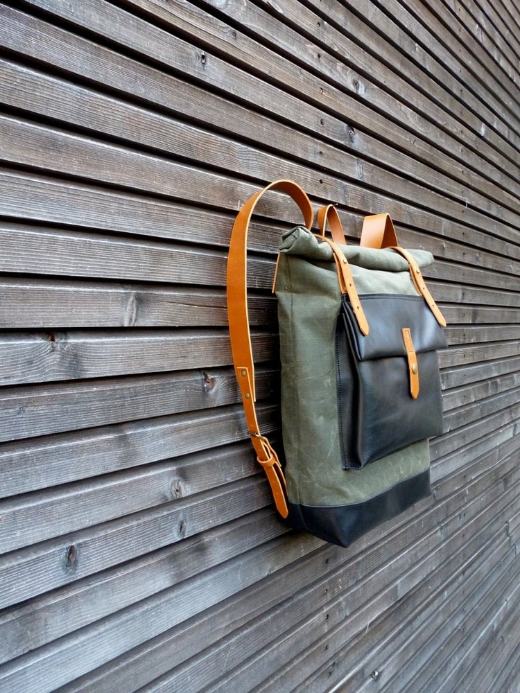 Image of Waxed canvas rucksack / backpack with roll up top and oiled leather bottem