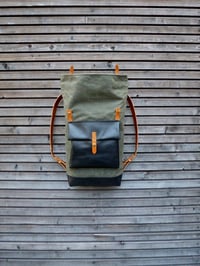 Image 4 of Waxed canvas rucksack / backpack with roll up top and oiled leather bottem