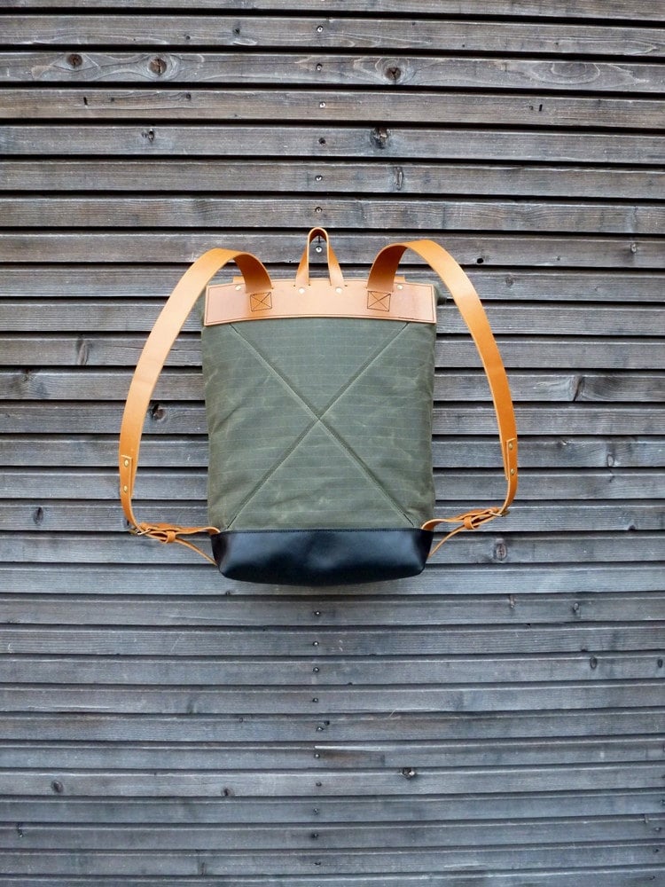 Image of Waxed canvas rucksack / backpack with roll up top and oiled leather bottem