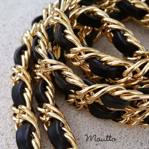 Image of Petite GOLD Chain Strap with Leather Weaved Through - Double Curb Chain - Choice of Length & Hooks