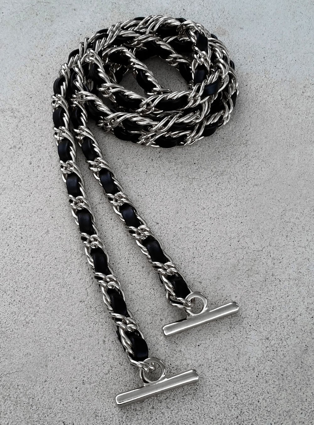 Image of Petite NICKEL Chain Strap with Leather Weaved Through - Double Curb Chain - Choice of Length & Hooks