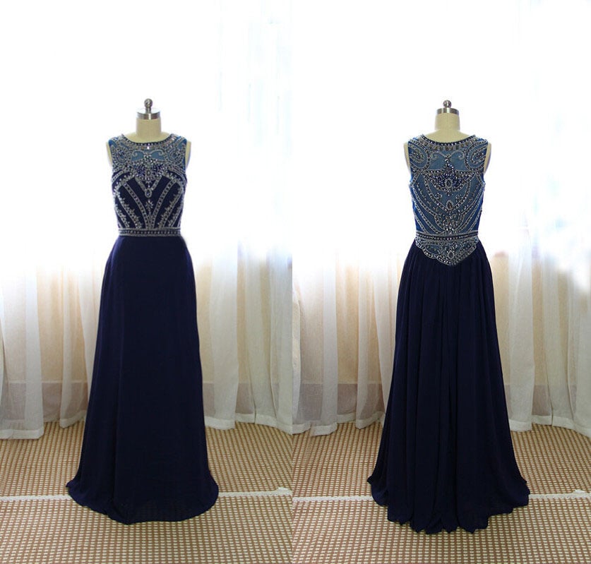 navy beaded evening gown
