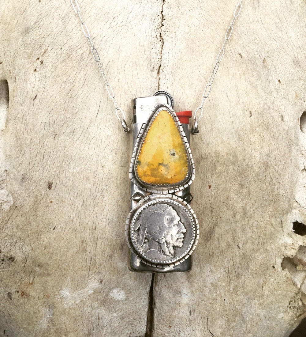 Image of REVERSIBLE BUMBLE BEE JASPER AND TURQUOISE MINI LIGHTER NECKLACE