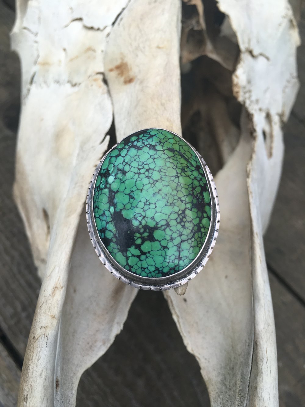 Image of LARGE GREEN TURQUOISE RING WITH SAW MARK EMBELLISHMENT