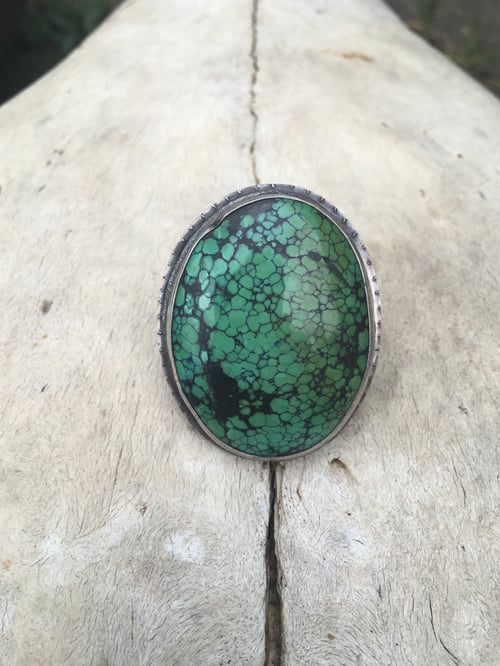 Image of LARGE GREEN TURQUOISE RING WITH SAW MARK EMBELLISHMENT