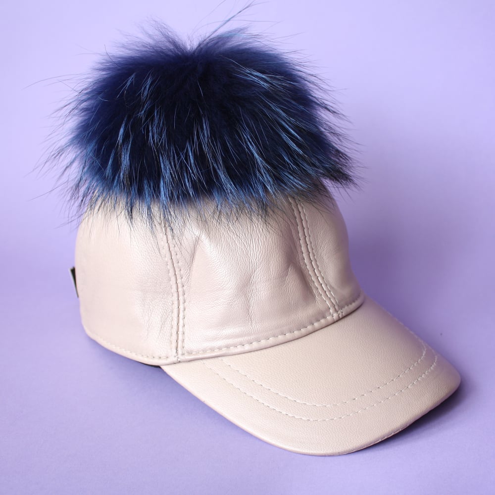 Image of Cream Leather Single Pom *Blue*