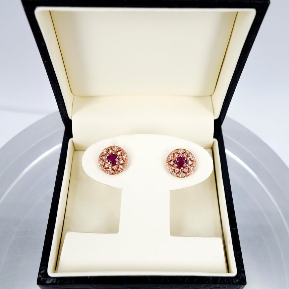 Image of 18ct Rose Gold Art Deco Ruby + Diamond Earrings. pj5391