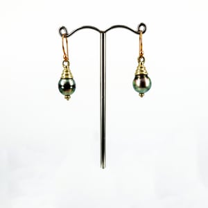 Image of 9ct Yellow & Pink Gold Tahitian Pearl Drop Earrings