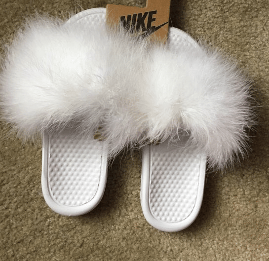 white fur flip flops