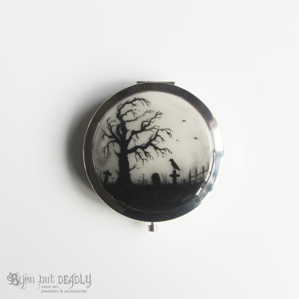 Hand Painted Resin Art Compact Handbag Mirror ~ Gloomy Wood