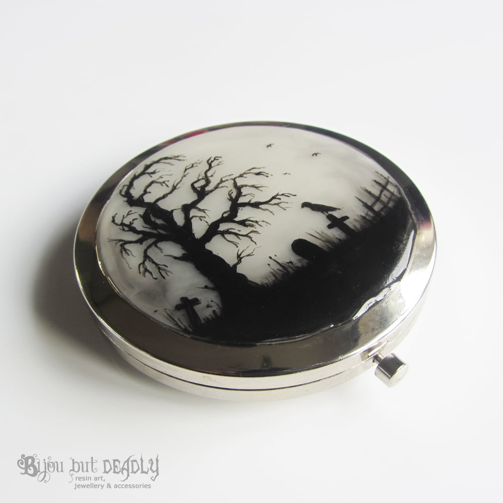 Hand Painted Resin Art Compact Handbag  Mirror ~ Gloomy Wood