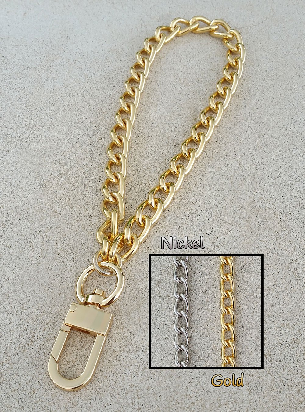 Image of GOLD or NICKEL Chain Wrist Strap - Classy Curb Chain - 3/8" (9mm) Wide - Choose Size & Hook Style