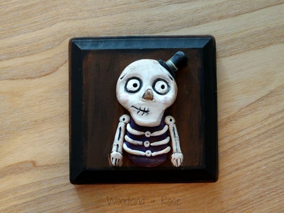 Image of Skeleton with Top Hat - Original Halloween Folk Art Clay Sculpture