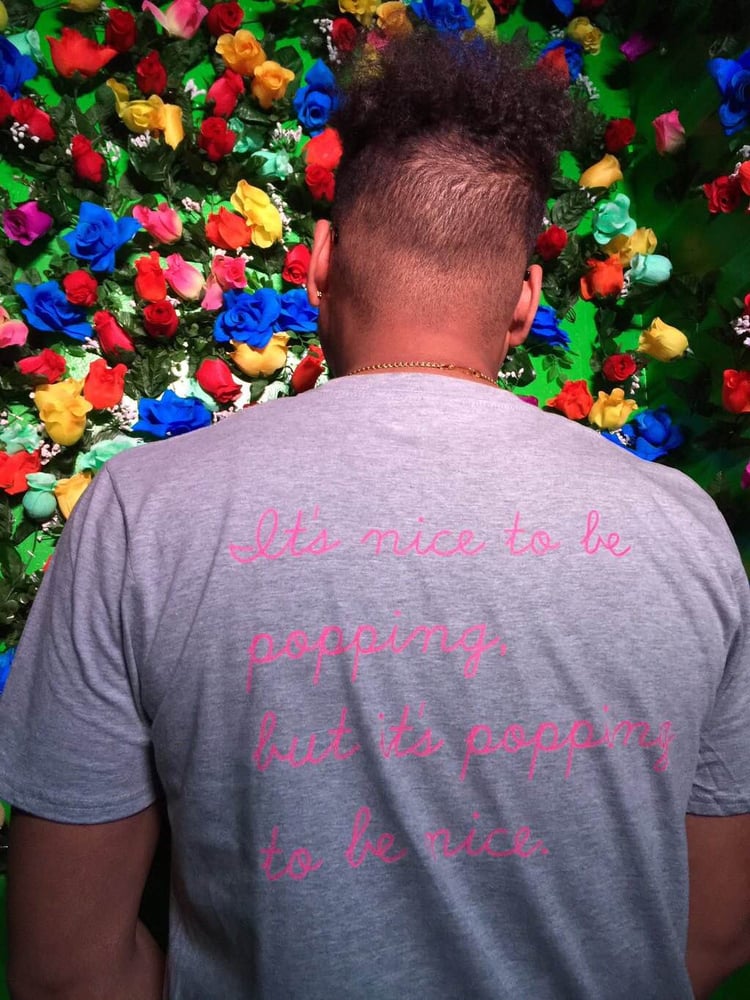 Image of "It's nice to be popping, but it's popping to be nice." t-shirt grey/magenta