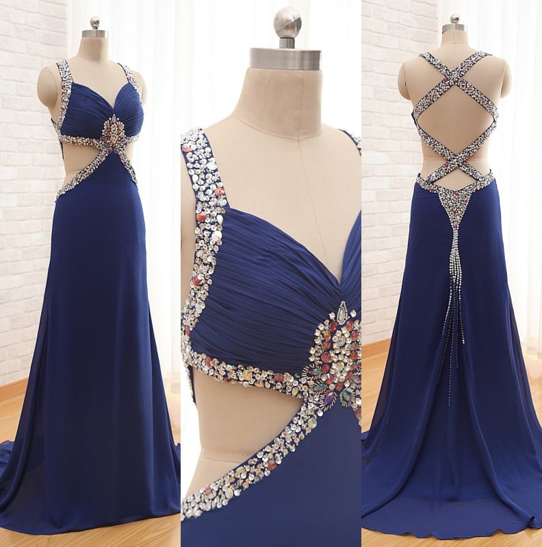 Beautiful Navy Blue Long Chiffon Cross Back Prom Dresses, Navy Blue Party Dresses