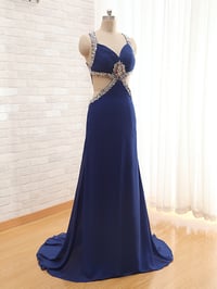 Image 2 of Beautiful Navy Blue Long Chiffon Cross Back Prom Dresses, Navy Blue Party Dresses