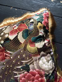 Image 2 of Japanese Metallic Peacock Cushion Cover With Gold Fringe