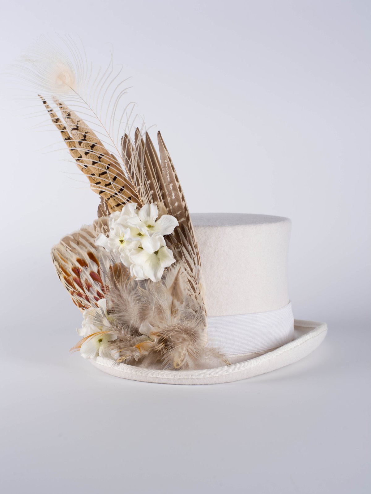 White Top Hat Bespoke Designer Headwear Feathered Fantasy