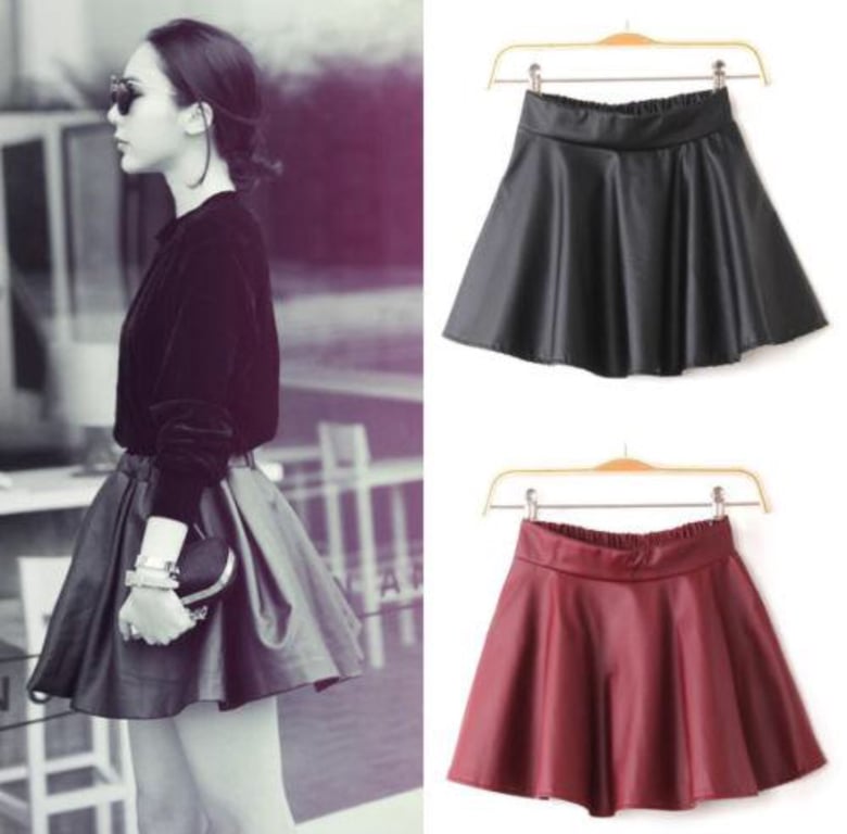 Image of Woman Faux Leather Mini Skirt High Waisted Flared Pleated