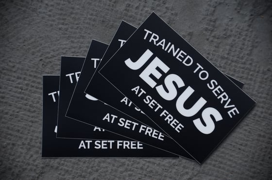 Image of Trained to Serve Jesus at Set Free - Pack of 5 Stickers