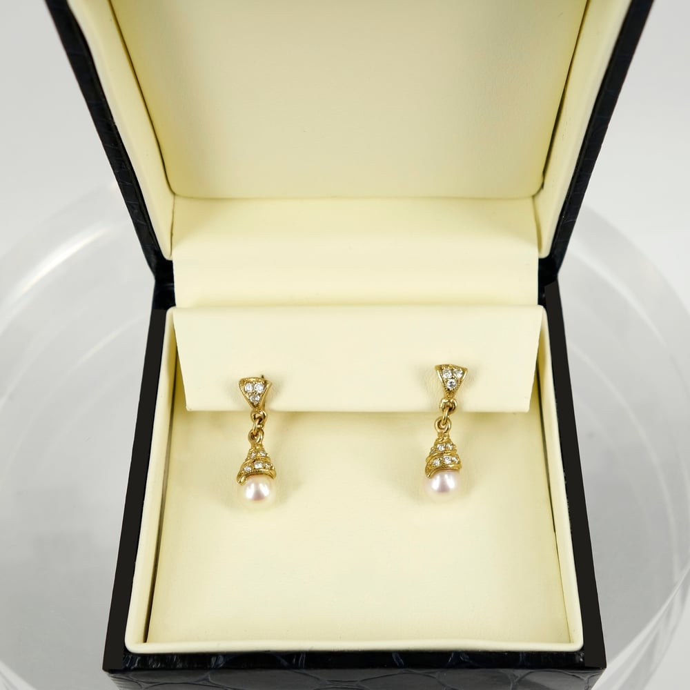 Image of 18ct Yellow Gold Akoya Pearl & Diamond Drop Earrings