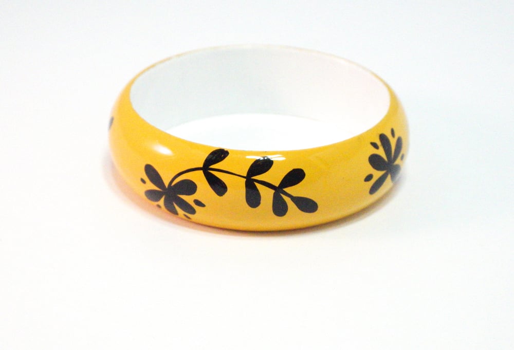 Image of Black Floral Painted Wood Bangle