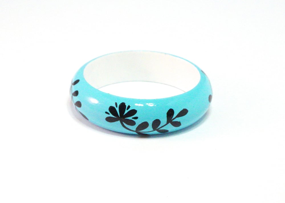 Image of Black Floral Painted Wood Bangle