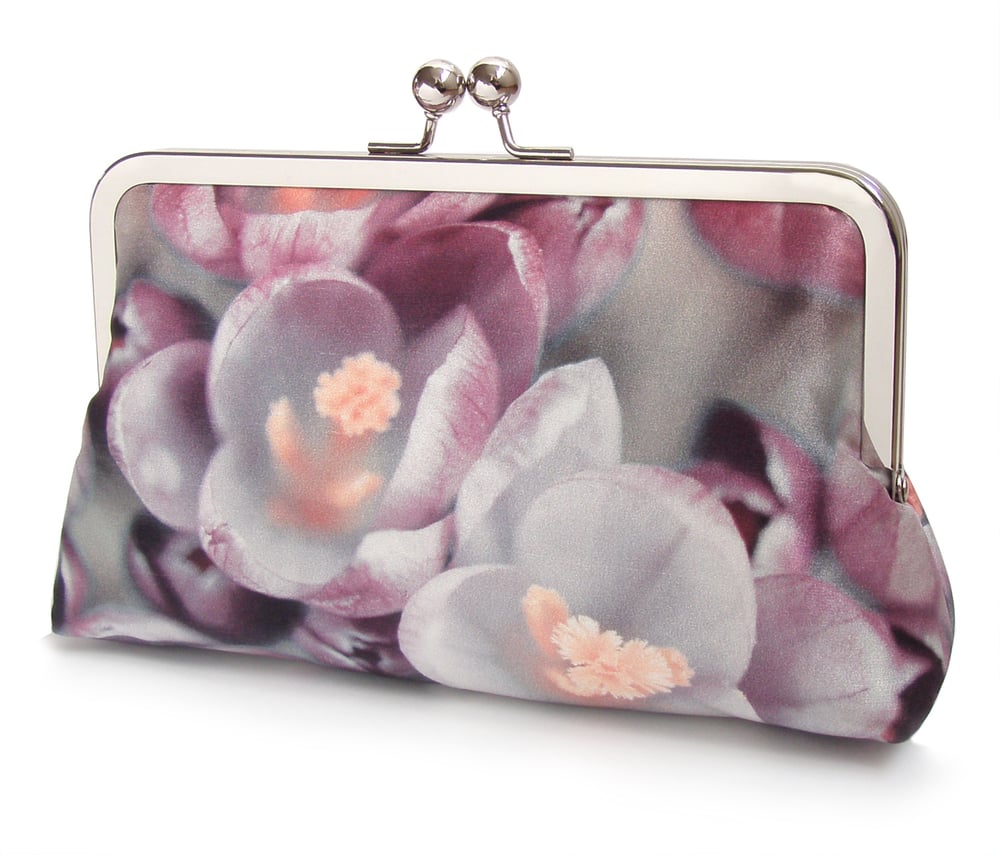 Image of Crocus flower, printed silk pink clutch bag + chain handle