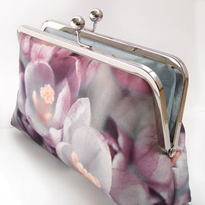 Image of Crocus flower, printed silk pink clutch bag + chain handle