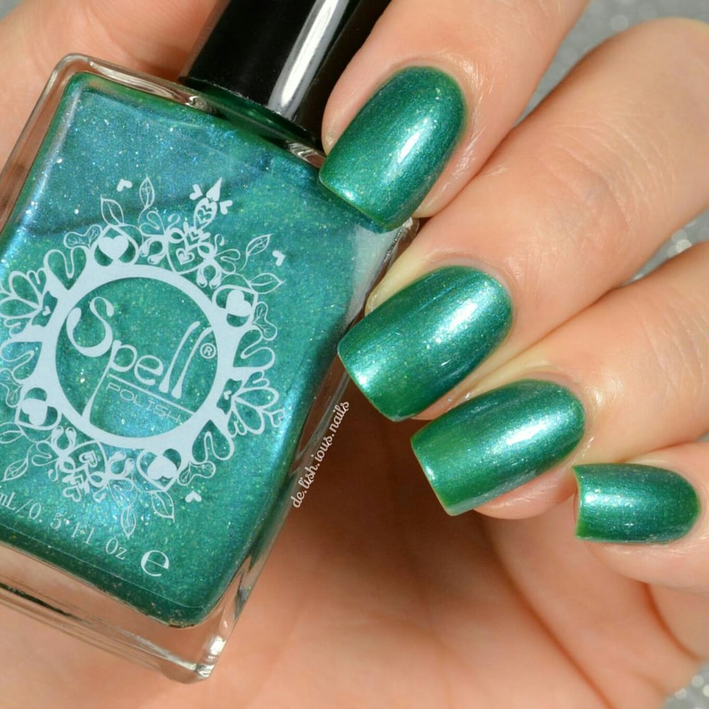 Image of ~The Creaky Chair~ jade/turquoise chrome w/silver flakies Spell nail polish "Dollhouse Mischief"!