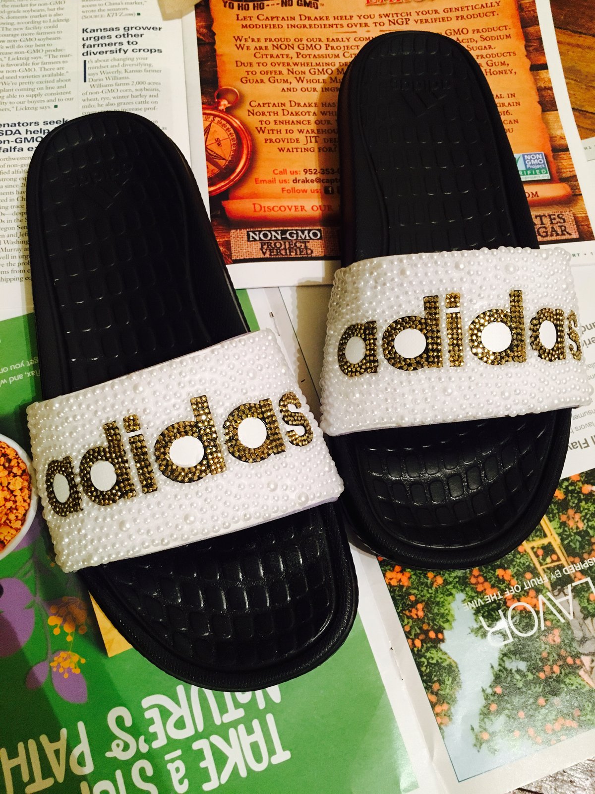 adidas slides womens black and gold