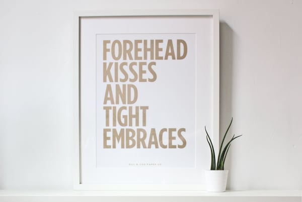Image of Framed 'Forehead Kisses and Tight Embraces' Metallic Gold Print