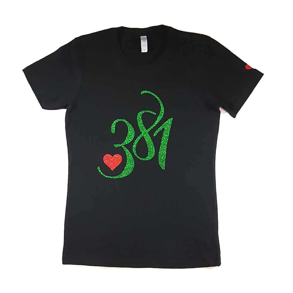 Image of 381 Logo Tee Black|Green Glitter