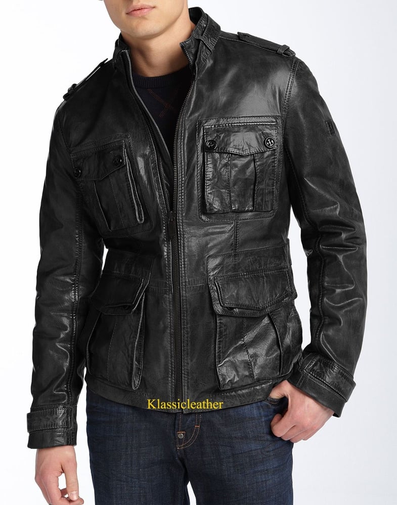 Image of New Vintage Military Style Lambskin Leather Motorcycle Jacket For MEN