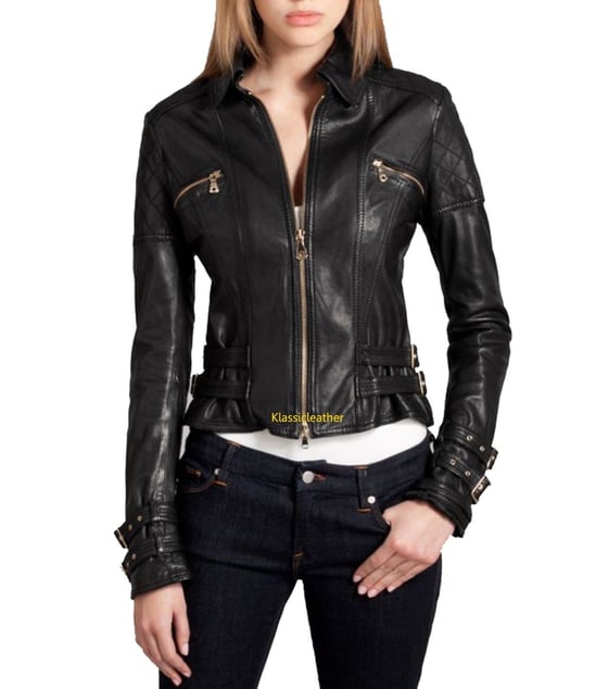 Image of New Celebrity Quilted Lambskin Leather Biker Jacket For Stylish Women