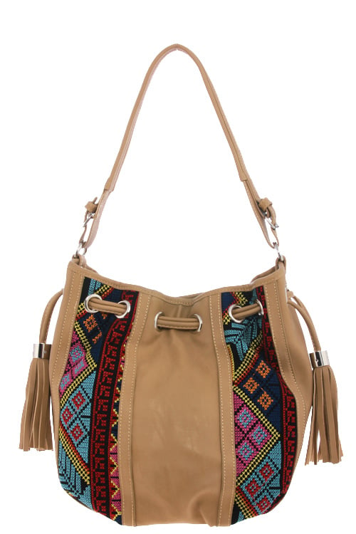 Image of EMBROIDERED AZTEC FAUX LEATHER BUCKET BAG