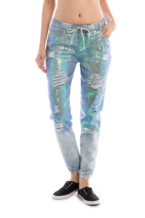 Image of RIPPED SEQUIN DETAIL DENIM JOGGER PANTS 