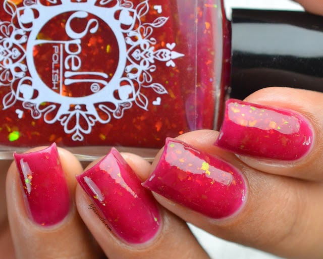 Image of ~Under the Floorboards~ red jelly topcoat iridescent flakies Spell nail polish "Dollhouse Mischief"!
