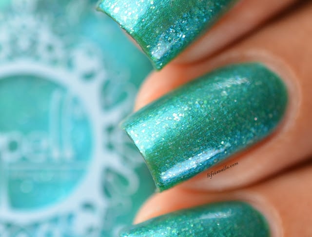 Image of ~The Creaky Chair~ jade/turquoise chrome w/silver flakies Spell nail polish "Dollhouse Mischief"!