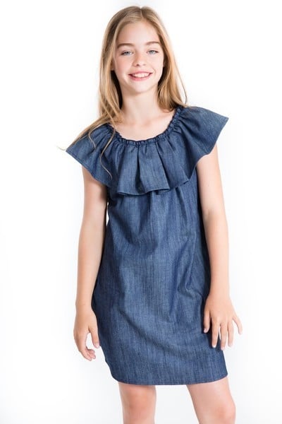 Image of Girls Denim Ruffle Dress