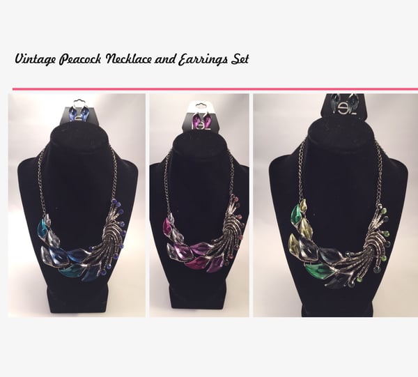 Image of Vintage Peacock Necklace and Earrings Set