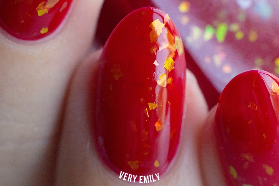 Image of ~Under the Floorboards~ red jelly topcoat iridescent flakies Spell nail polish "Dollhouse Mischief"!