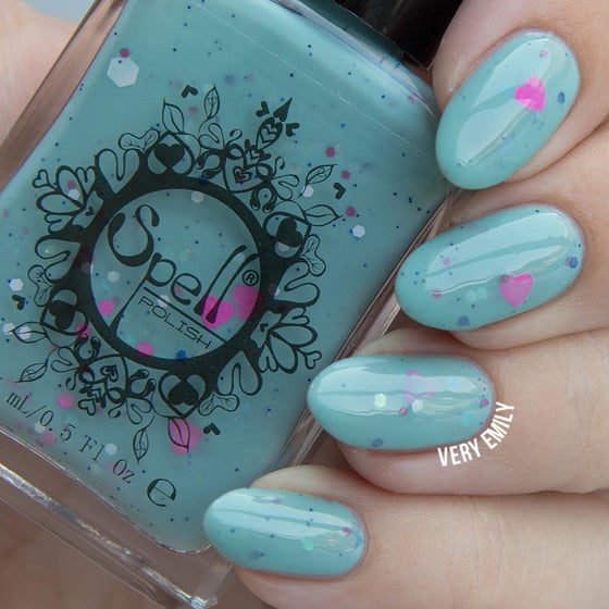 Image of ~Clue in the Canopy~ milky blue jade crème glitter Spell nail polish "Dollhouse Mischief"!